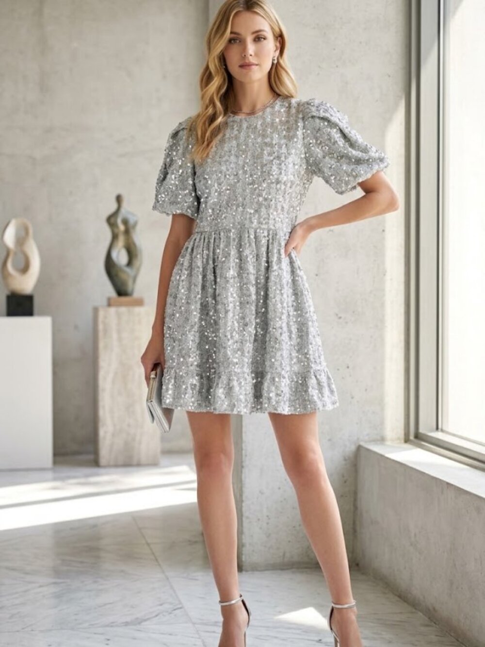 English Factory Sequin Tweed Tiered Mini Dress